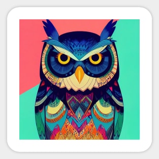 Colorful Owl Portrait Illustration - Bright Vibrant Colors Bohemian Style Feathers Psychedelic Bird Animal Rainbow Colored Art Sticker